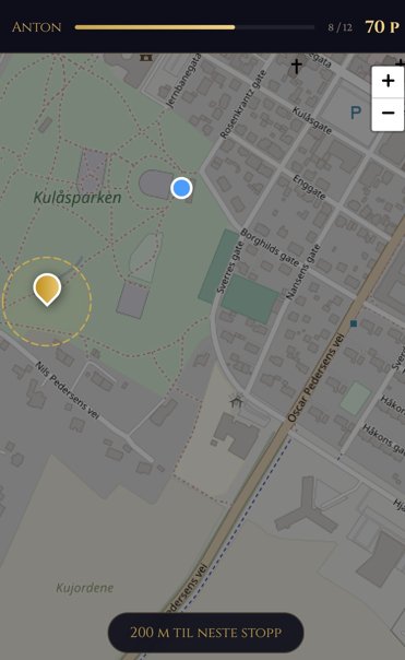 Spillkartet — viser posisjon og neste stopp i Sarpsborg